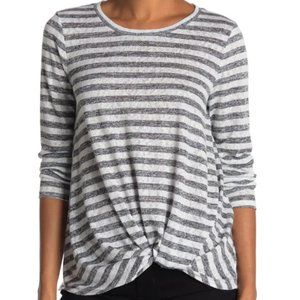Bobeau Striped Long Sleeve Twist Front Top, Ivory/Grey, Small